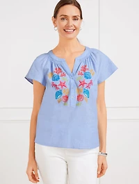 Linen Cotton Top - Embroidered Seashell
