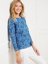 Button Sleeve Crewneck Tee - Woodland Damask