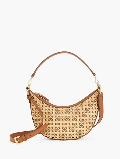 Leather Trim Rattan Crescent Shoulder Bag