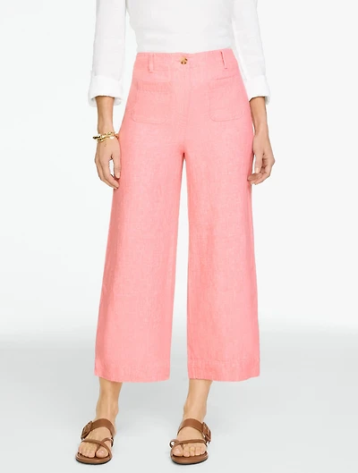 Washed Linen Wide Crop Patch Pocket Pants - Cross-Dyed