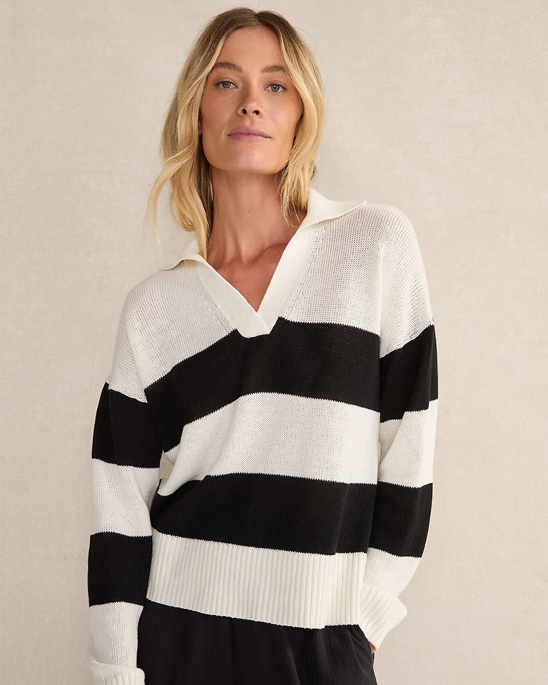 Organic Cotton Linen Stripe Johnny Collar Sweater