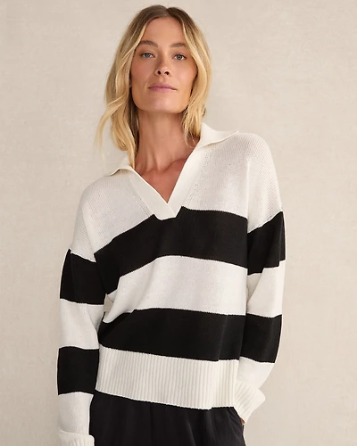 Organic Cotton Linen Stripe Johnny Collar Sweater