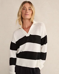 Organic Cotton Linen Stripe Johnny Collar Sweater