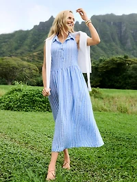 Linen Sleeveless Shirtdress - Sailboat Stripe