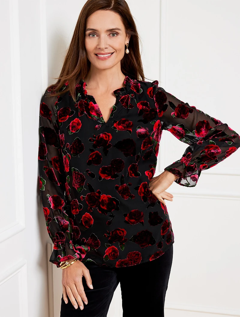 Rose Burnout Velvet Ruffle Top