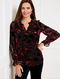 Rose Burnout Velvet Ruffle Top