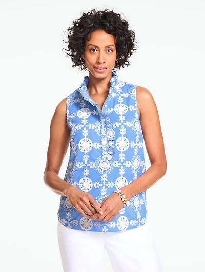 Embroidered Ruffle Neck Top - Seabloom