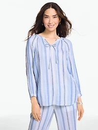 Gauze Band Collar Popover - Seaport Stripe