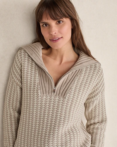 Cotton Blend Contrast Stitch Half Zip Sweater