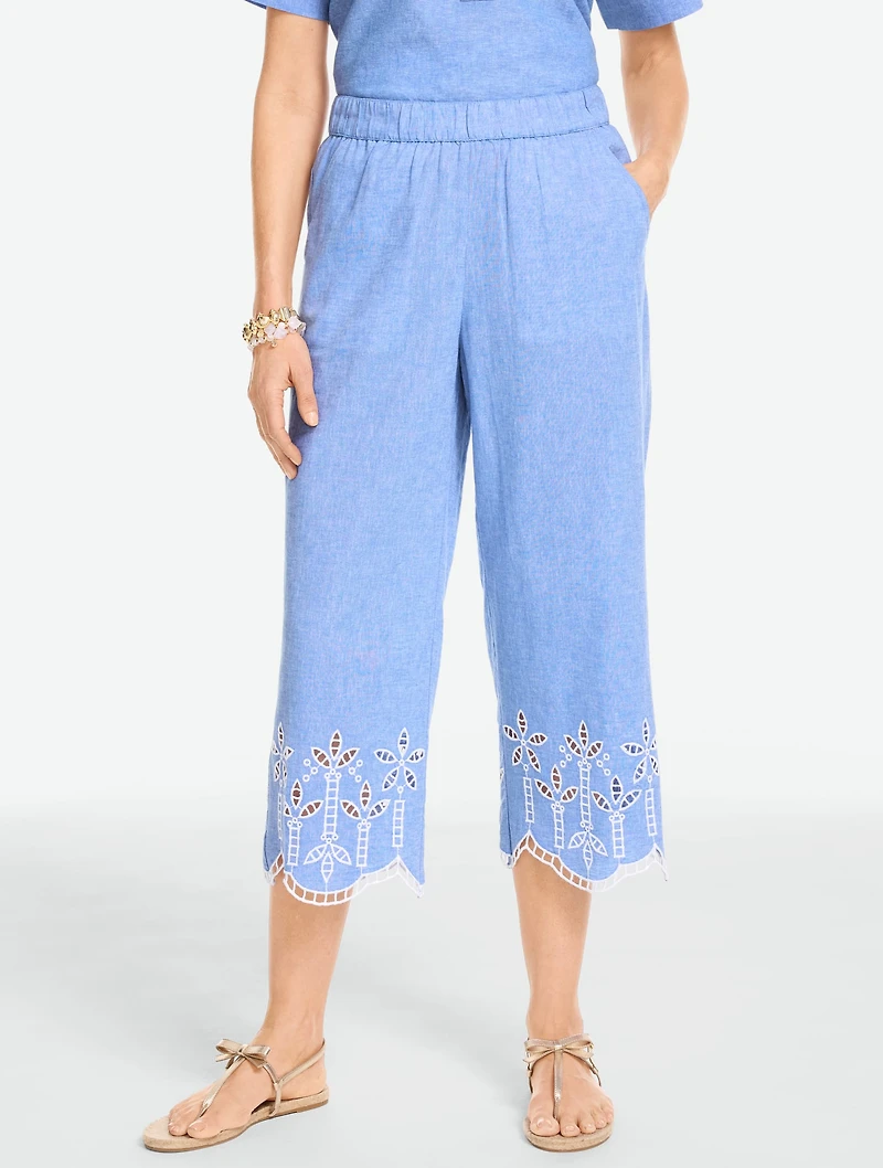 Embroidered Washed Linen Wide Crop Pull-On Pants