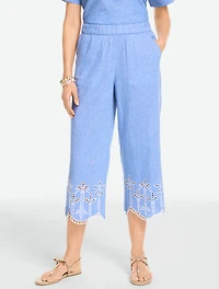 Embroidered Washed Linen Wide Crop Pull-On Pants