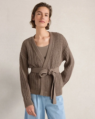 Textured Cotton Blend Belted Cardigan