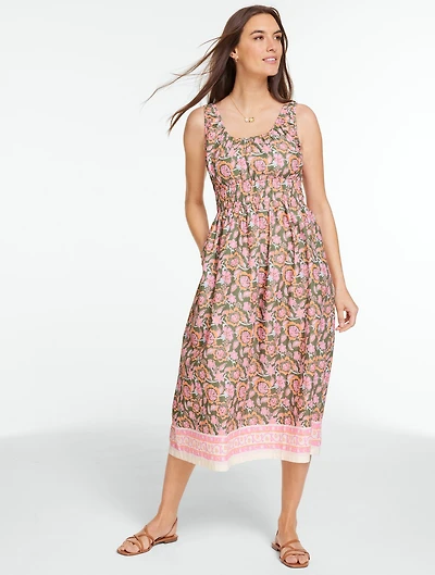 Smocked Waist Poplin Dress - Floral Vines