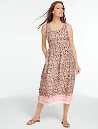 Smocked Waist Poplin Dress - Floral Vines