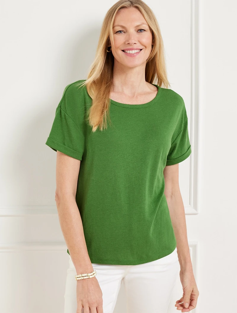 Roll Cuff Slub Linen Crewneck Tee