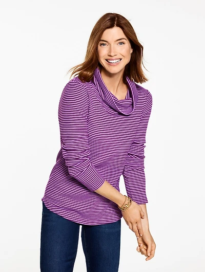 Cowl-Neck Waffle Knit Pullover - Stripe
