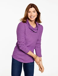 Cowl-Neck Waffle Knit Pullover - Stripe