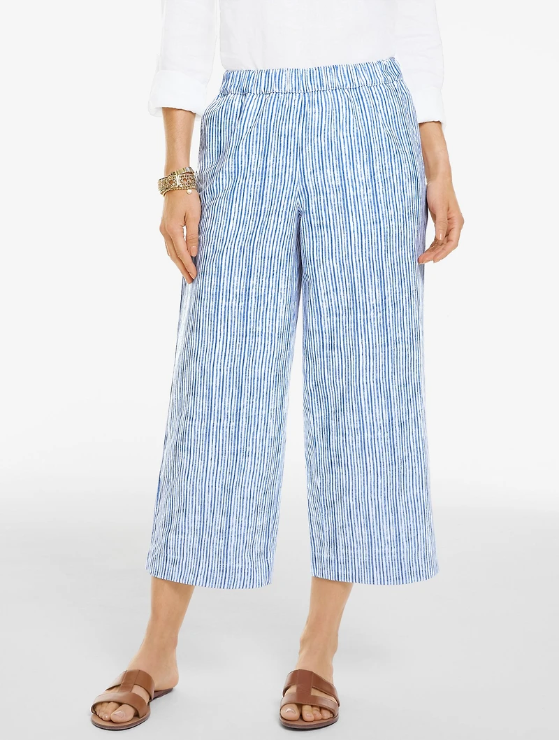 Linen Wide Crop Pull-On Pants - Pinstripe