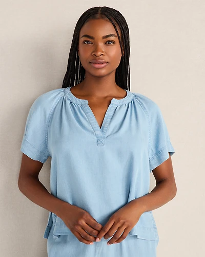 Chambray Gathered Split Neck Top