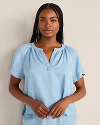 Chambray Gathered Split Neck Top