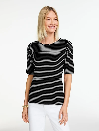 Elbow Sleeve Crewneck Top - Kelly Stripe