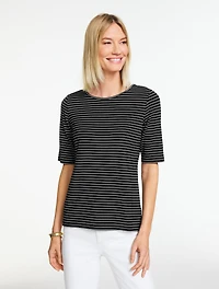 Elbow Sleeve Crewneck Top - Kelly Stripe