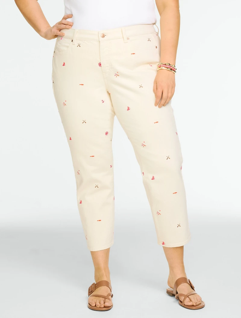 Straight Crop Embroidered Jeans - Nautical Fun