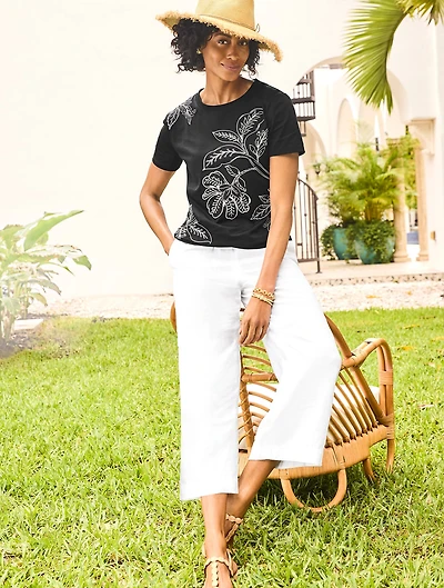 Short Sleeve Crewneck Tee - Embellished Blissful Leaves