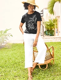 Short Sleeve Crewneck Tee - Embellished Blissful Leaves