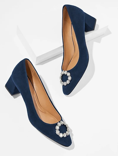 Kayla Embellished Suede Block Heel Pumps