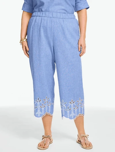 Embroidered Washed Linen Wide Crop Pull-On Pants