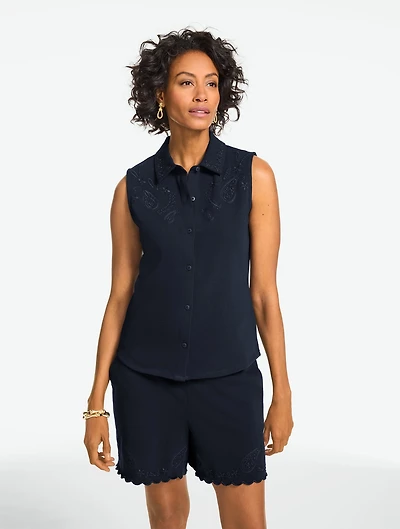 Sleeveless Eyelet Button Front Top