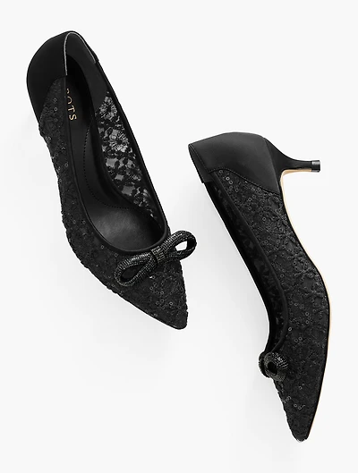 Sylvie Bow Kitten Heel Pumps - Sequin Mesh