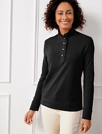 Ruffle Placket Mockneck Pullover