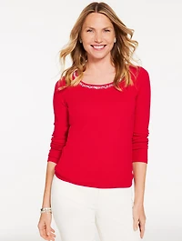 Embellished Ribbed Scoop Neck Tee