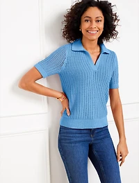 Pointelle Stitch Polo Sweater