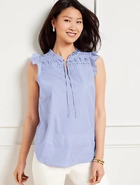 Pleated Poplin Shell - Micro Stripe