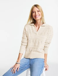 Pointelle Johnny Collar Sweater