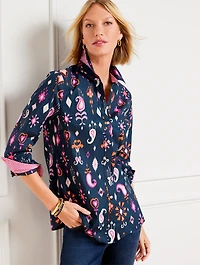 Cotton Button Front Shirt - Ikat Paisley