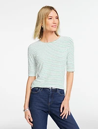 Elbow Sleeve Crewneck Top - Kelly Stripe
