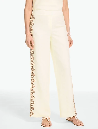 Embroidered Linen Wide Leg Pants