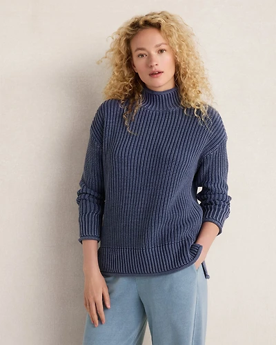 Garment-Dyed Organic Cotton Shaker Stitch Roll Neck Sweater