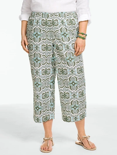 Washed Linen Wide Crop Pull-On Pants - Royal Medallion