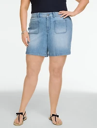 Lightweight  Denim Patch Pocket Shorts - Alys Wash