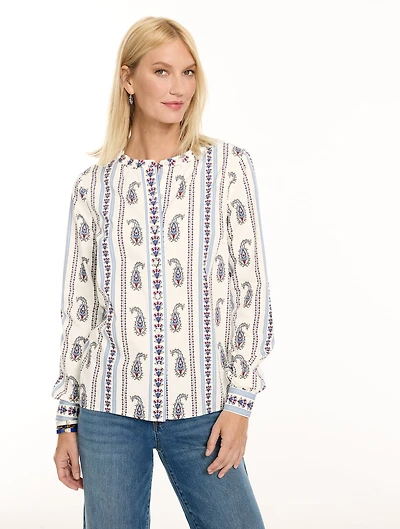 Band Collar Button Front Top - Divine Paisley