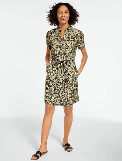 Lightweight Woven Stretch Half Zip Dress - Garden Floral
