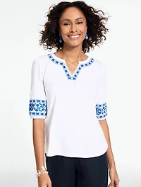 Embroidered Split Neck Top