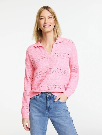Pointelle Johnny Collar Sweater - Marl