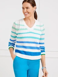 Open Stitch V-Neck Pullover - Multi Stripe