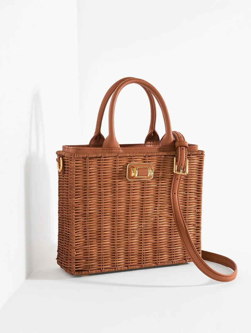 Wicker Leather Trim Top Handle Tote